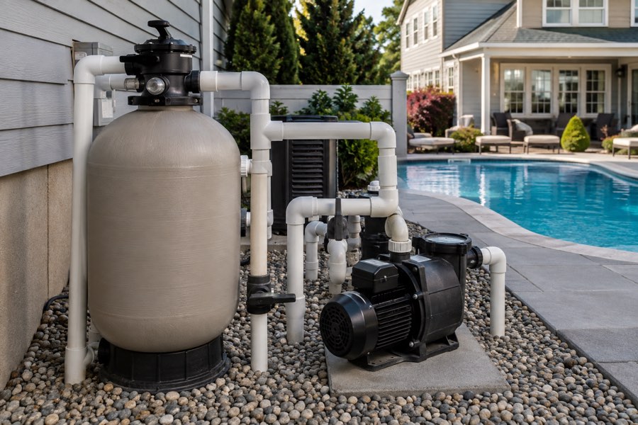 Pool pump and filter equipment beside a house