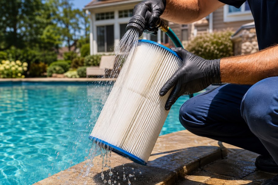 A cartridge filter being rinsed with a hose