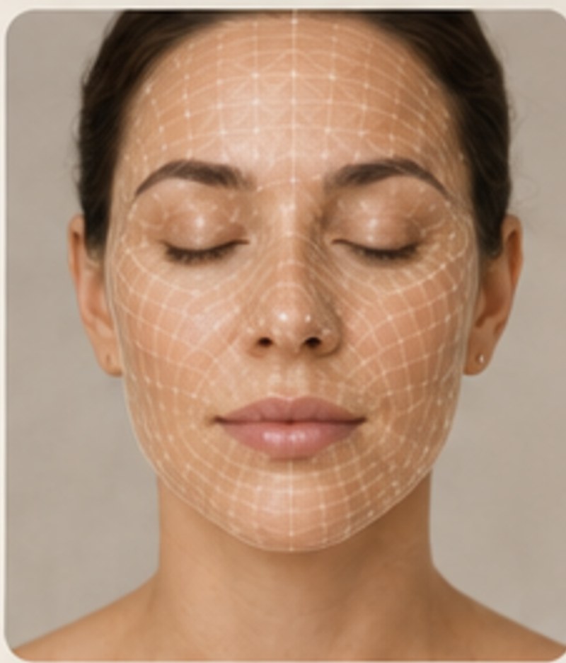 A face-mapping scan overlay on a resting portrait