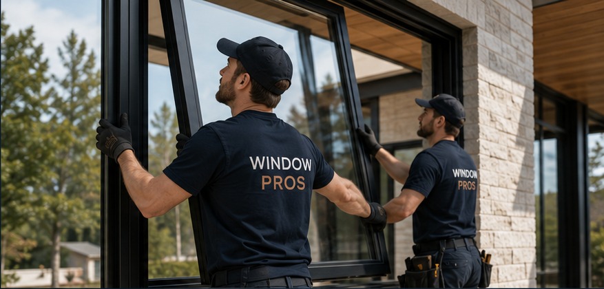 Two installers fitting a large window