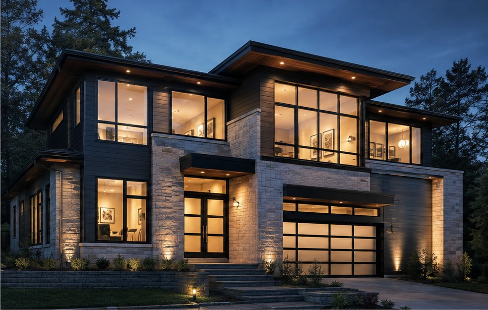 A modern home lit from within at dusk