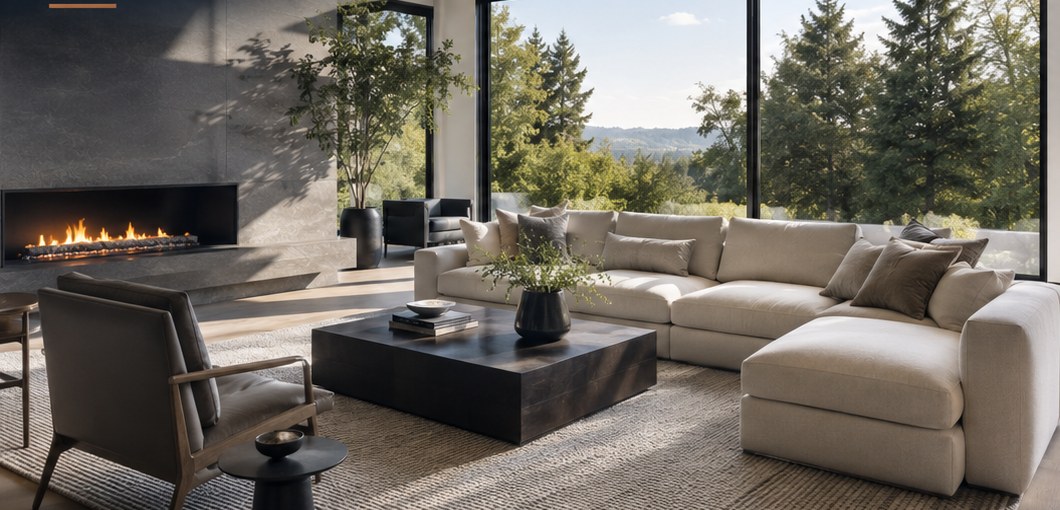 An open-plan living room with floor-to-ceiling windows