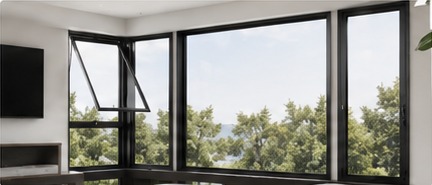An awning and picture window system in a corner room